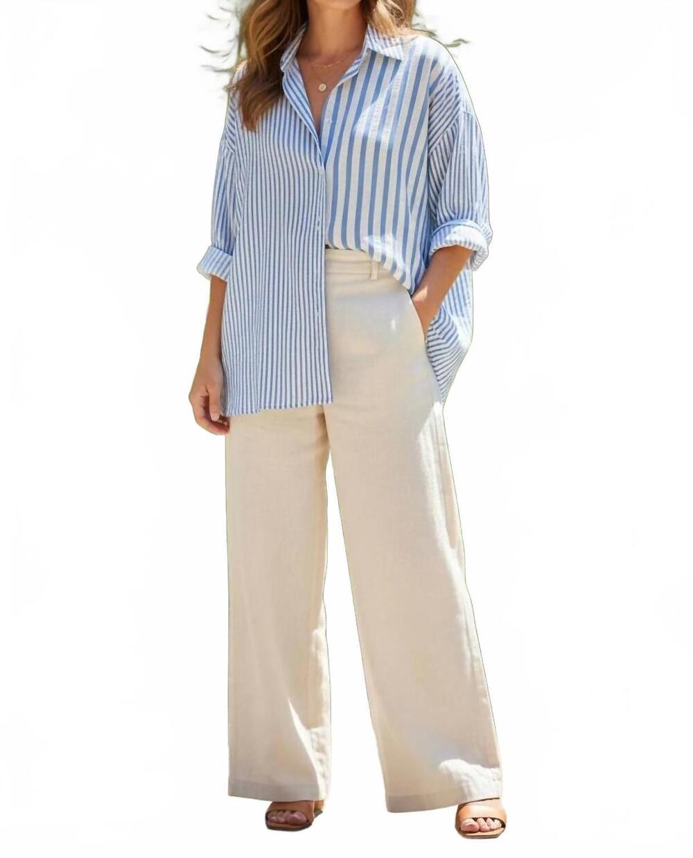 NEW UMGEE women's scalloped button down mixed media stripe shirt in light blue